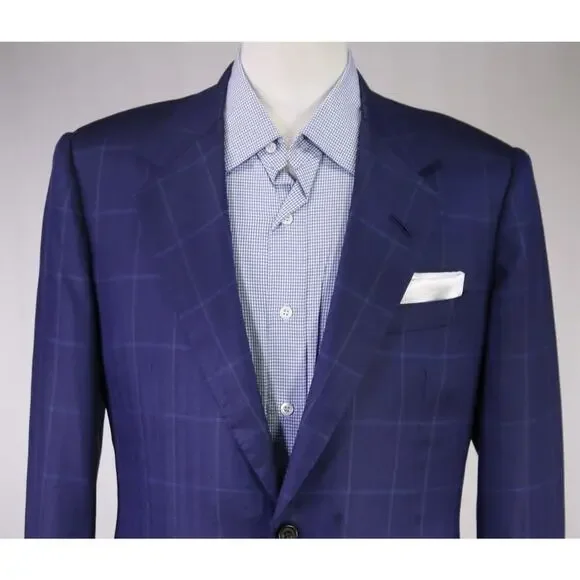 Edgar Pomeroy Bespoke Royal Blue Windowpane 2-Btn Silk Sportcoat Blazer 40R